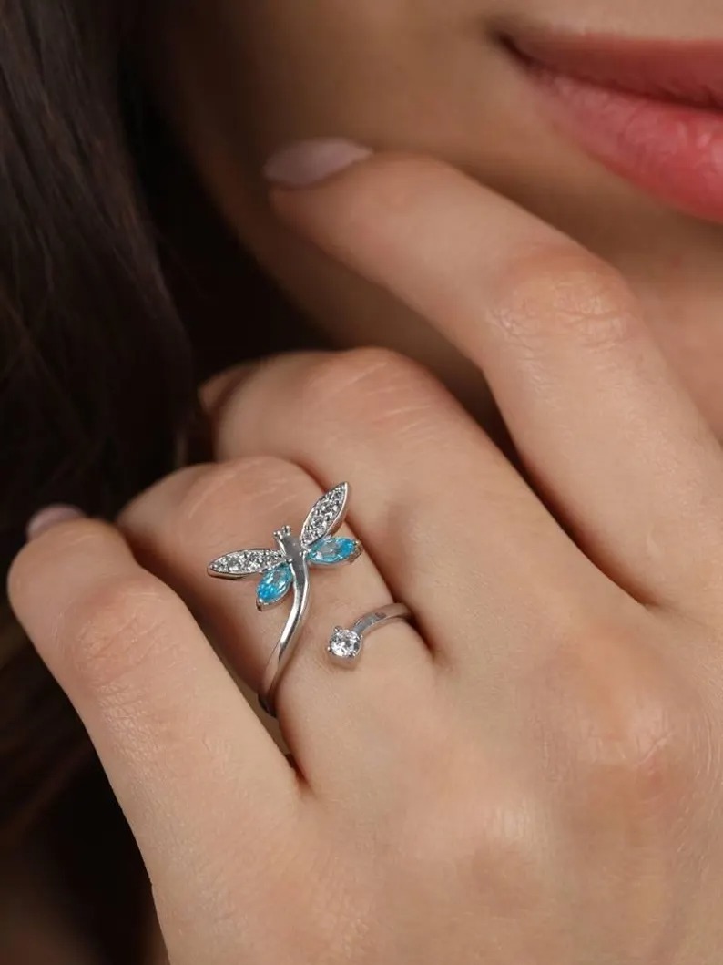 Dragonfly Adjustable Ring, Blue Marquise Stone Ring, Silver Dragonfly Ring, Nature Inspired Ring, Minimalist Adjustable Ring, Gift For Her