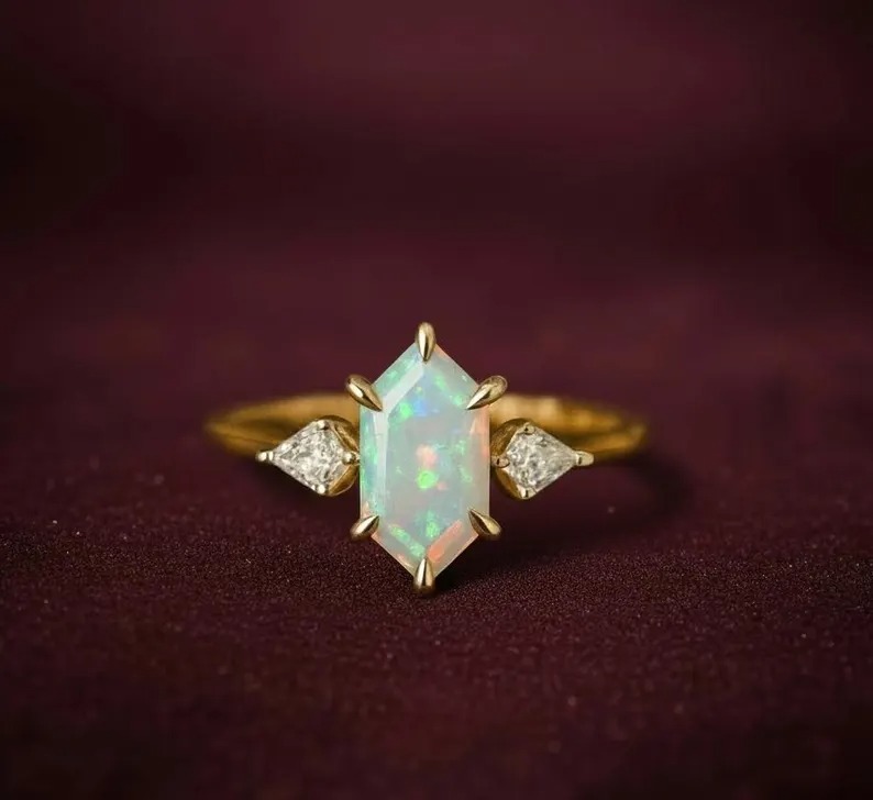Hexagon Cut Opal Wedding Ring, Rose Gold Vintage Kite Diamond Stackable Matching Ring, Art Deco Three Stone Ring, Anniversary Ring For Women