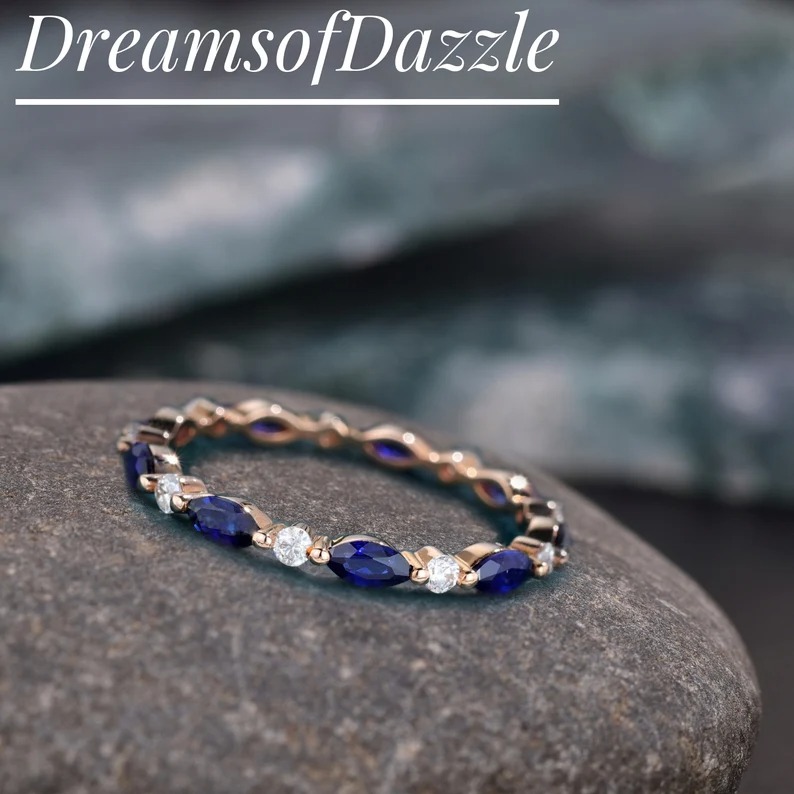 Full Eternity Stackable Band Lab Blue Sapphire Band CZ Solid 925 Sterling Silver Wedding Band, Eternity Band September Stone