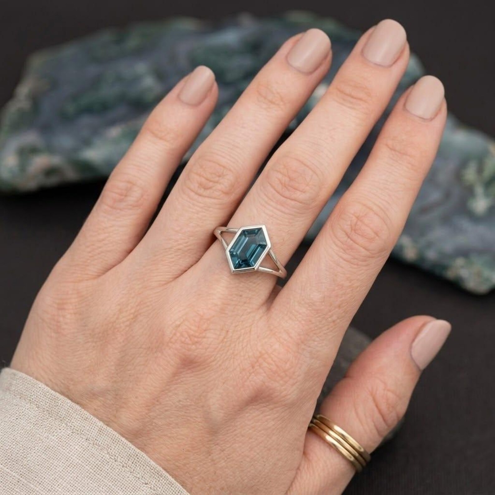 Hexagon Cut London Blue Topaz Solitaire Wedding Ring | Solid Gold Bezel Set Art Deco Statement Ring | December Birthstone | Gift for Women