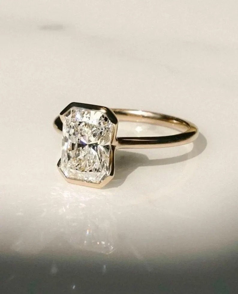 2 CT Emerald Cut Moissanite Engagement Ring, Half Bezel Set Anniversary Ring, Modern Classic Wedding Jewelry Gift For Her, Minimalist Ring