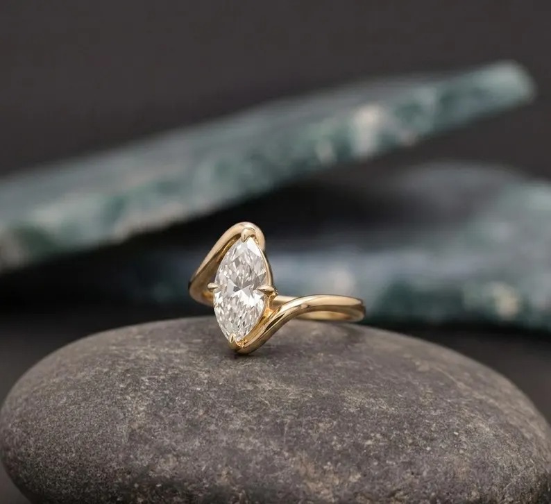Marquise Moissanite Ring, Wave Bypass Ring, Promise Ring, Minimalist Engagement Ring, Diamond Bridal Jewelry, Statement Ring, Unique Ring