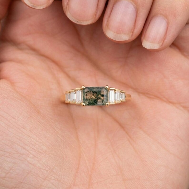 14K Solid Gold Moss Agate with Moissanite Cluster Ring, Solid Gold Baguette Gemstone Ring, Natural Green Moss Agate Baguette Engagement Ring