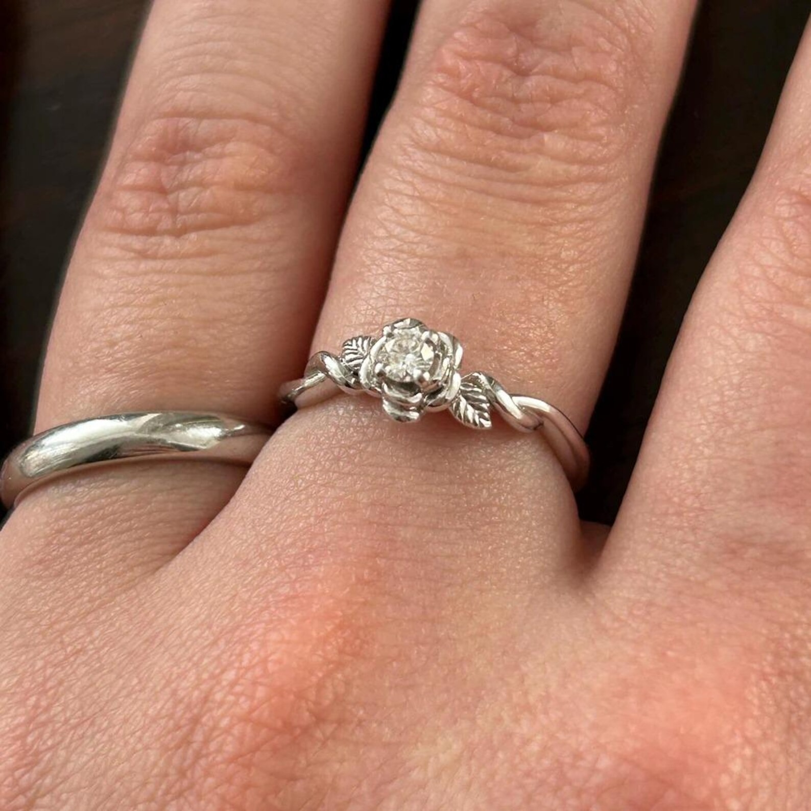 Floral Round Cut Moissanite Engagement Ring Rose gold Delicate Nature inspired Leaf design Bridal Ring Twist Anniversary Ring