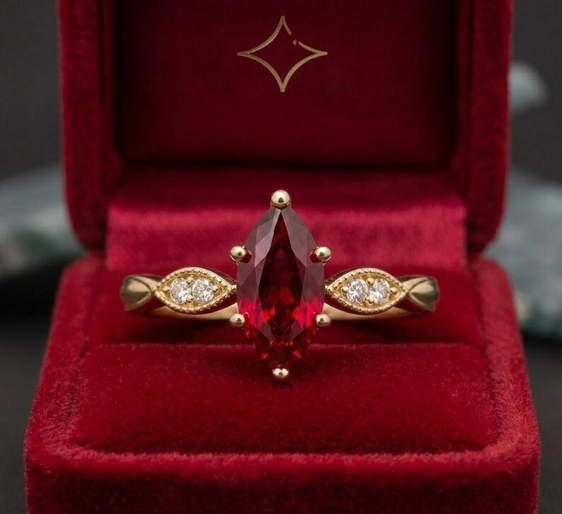 Marquise Ruby Ring Gold | Vintage Engagement Ring | Ruby Diamond Ring | Handmade Dainty Bridal Ring | Unique Gemstone Jewelry Gift for Her