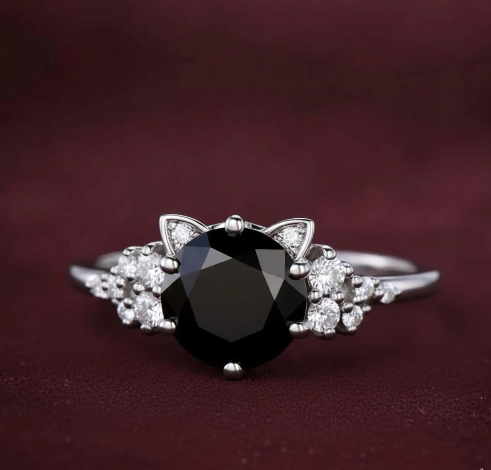Unique Cat Ring Black Gemstone Rose Gold Ring, Unique Cat Lover Gift, Round Black Onyx Diamond Engagement Ring, Cat Ear Promise Ring for Her