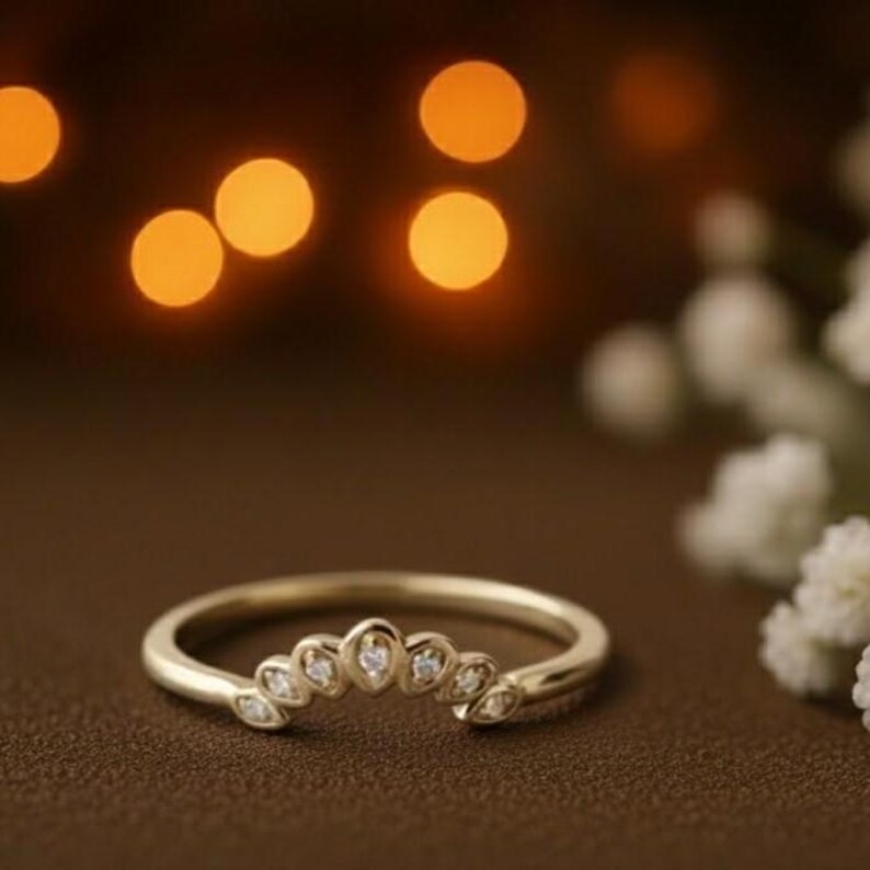 Round Moissanite Curved Band, 14k Solid Gold Cluster Wedding Band, Half Eternity Chevron Unique Band, Anniversary Proposal Gift Ring For Her