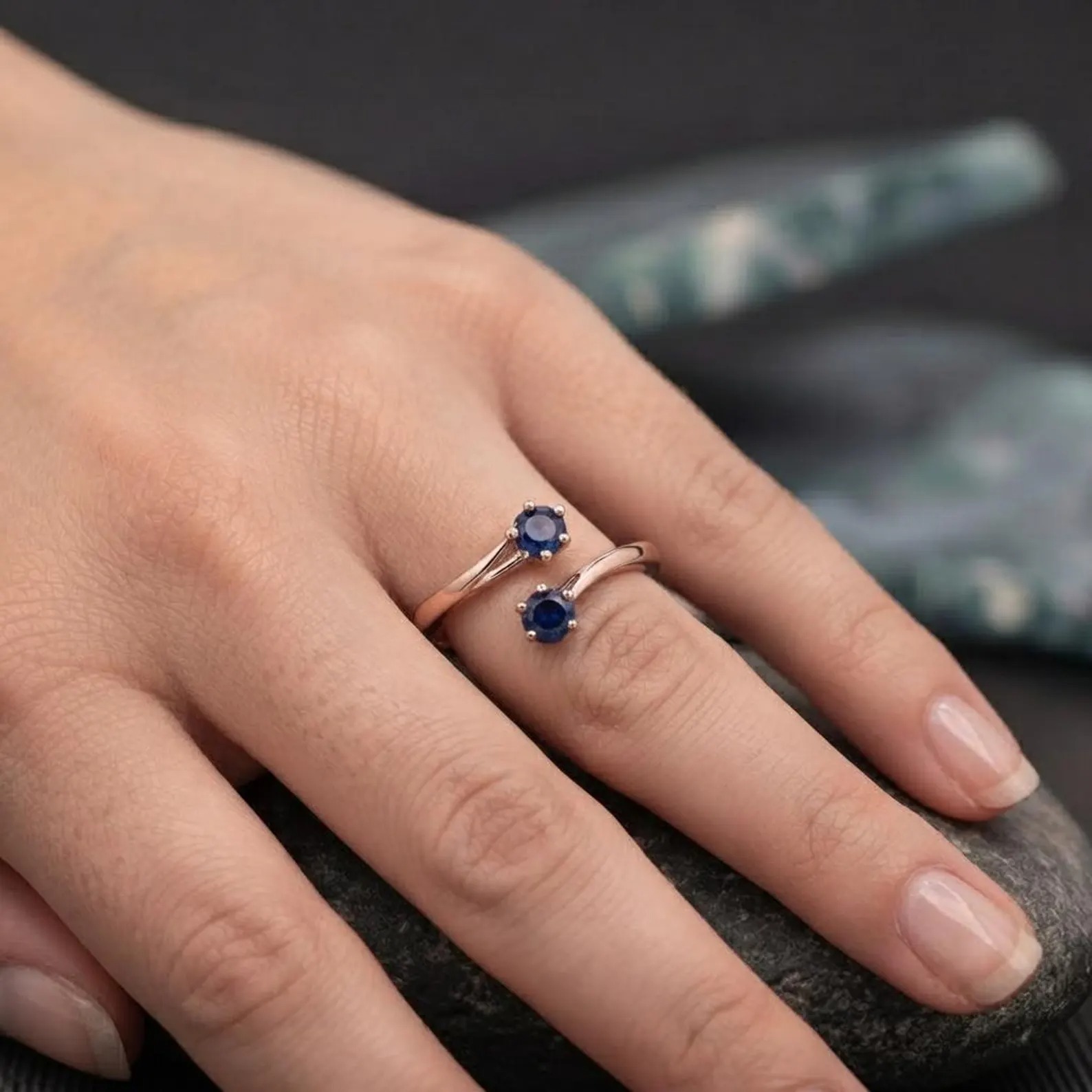 Rose Gold Open Wrap Ring, Blue Sapphire Adjustable Ring, Minimalist Dainty Ring, September Birthstone Gift For Her, Round Cut Sapphire Ring