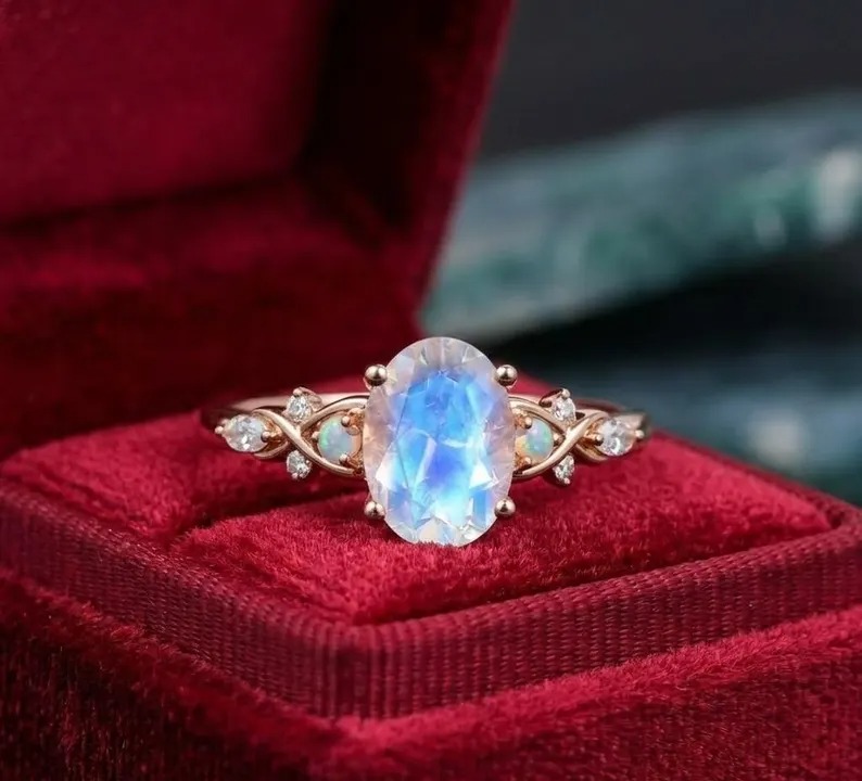 Vintage Oval Moonstone Ring 14K Solid Gold Moonstone Gemstone Engagement Ring Unique Opal Moissanite Promise Ring Anniversary Gift For Her