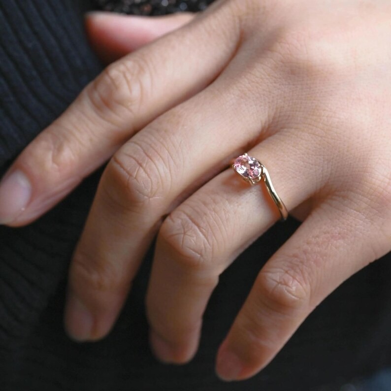 Oval Shaped Pink Sapphire Engagement Ring, Curved Wedding Band, Unique Bridal Gemstone Ring, Personalized Anniversary Ring Gift For Women