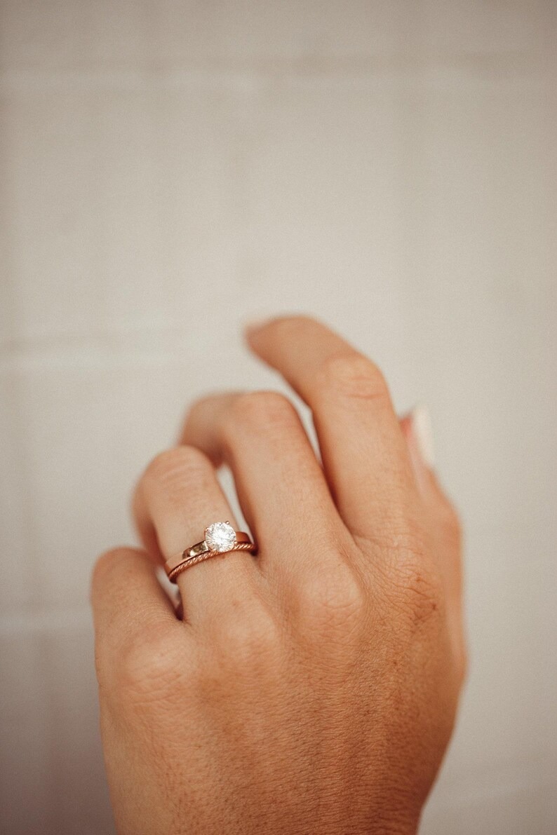 14K Solid Gold Round Cut Solitaire Moissanite Engagement Ring, Two Tone 4 Prongs Promise Ring, Wide Band Wedding Ring, Proposal Ring for Her