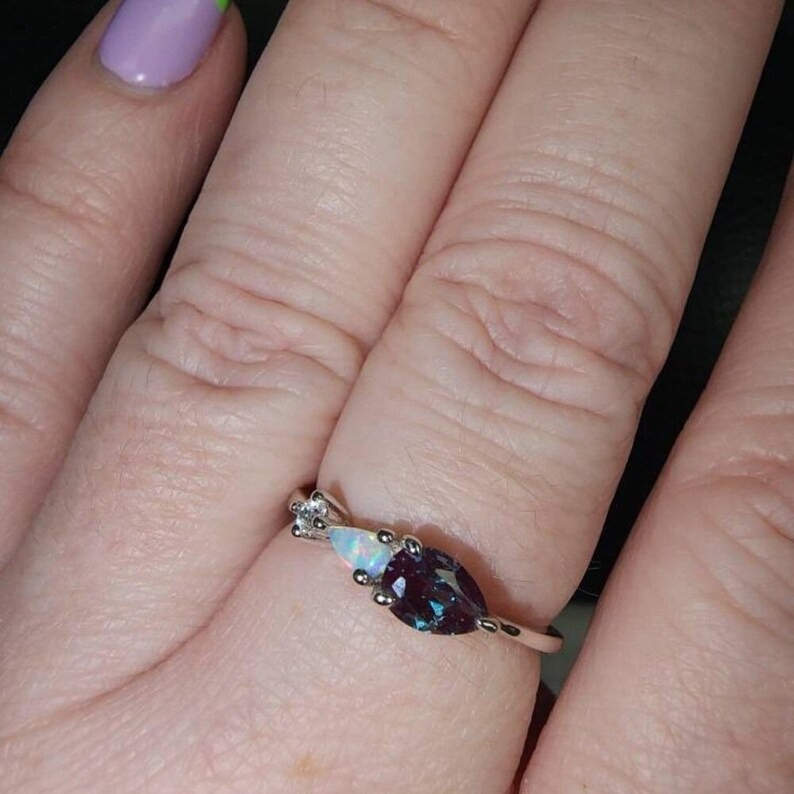Vintage Alexandrite Opal Engagement Ring, Pear Cut Gems Art Deco Moissanite Wedding Band, Personalized Anniversary Gift Ring For Wife