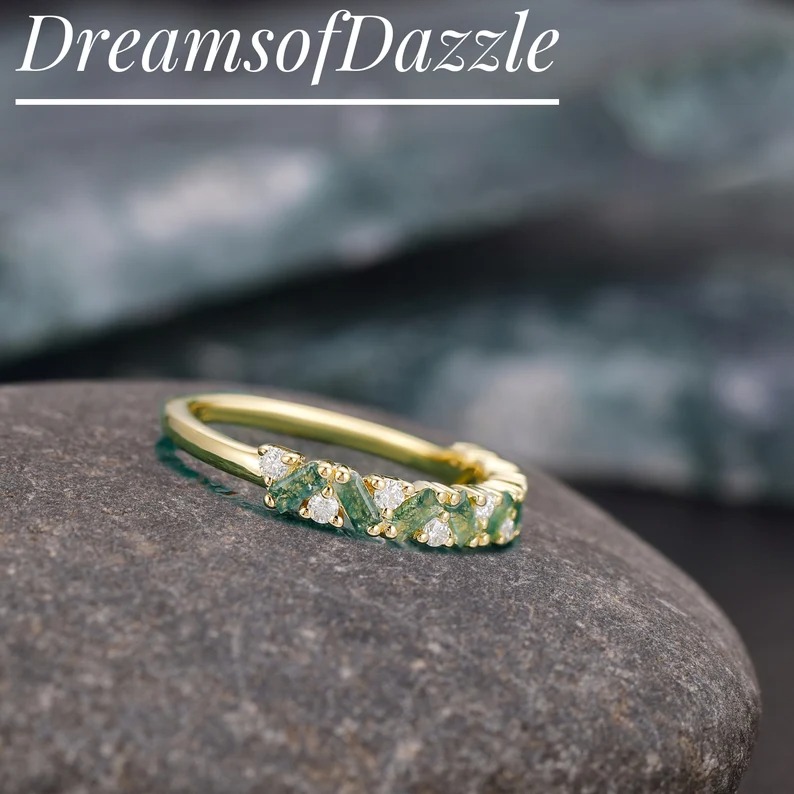Moss Agate Cluster Wedding Band Bridal Moissanite Ring Promise Anniversary Matching Ring Unique Jewelry Half Eternity Band Gift For Love