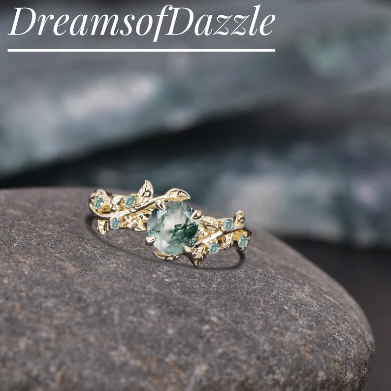 Vintage moss agate engagement ring round art deco leaf promise ring Nature inspired solid white gold cluster ring Unique Anniversary gifts