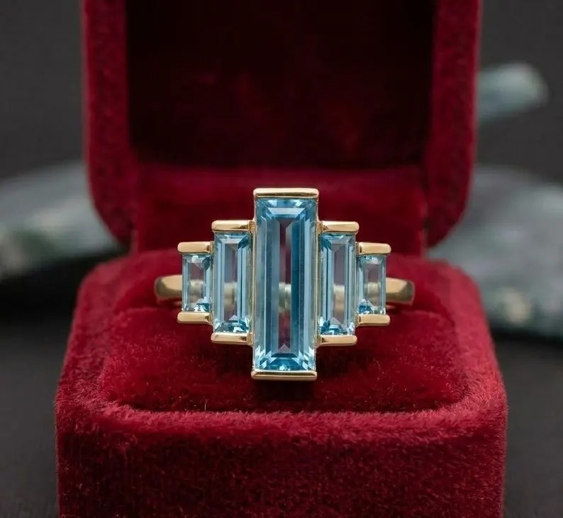 Gold Aquamarine Ring, 14K Gold Baguette Cut Aquamarine Ring, 925 Sterling Silver, Blue Gemstone Ring, Promise Wedding Ring, Gift For Women