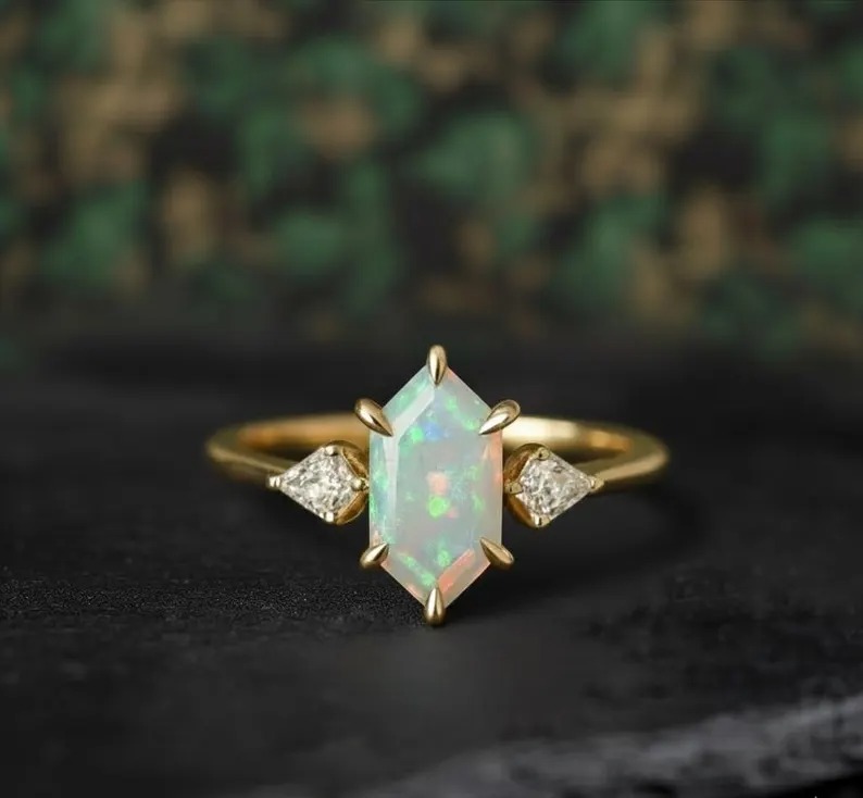 Hexagon Cut Opal Wedding Ring, Rose Gold Vintage Kite Diamond Stackable Matching Ring, Art Deco Three Stone Ring, Anniversary Ring For Women