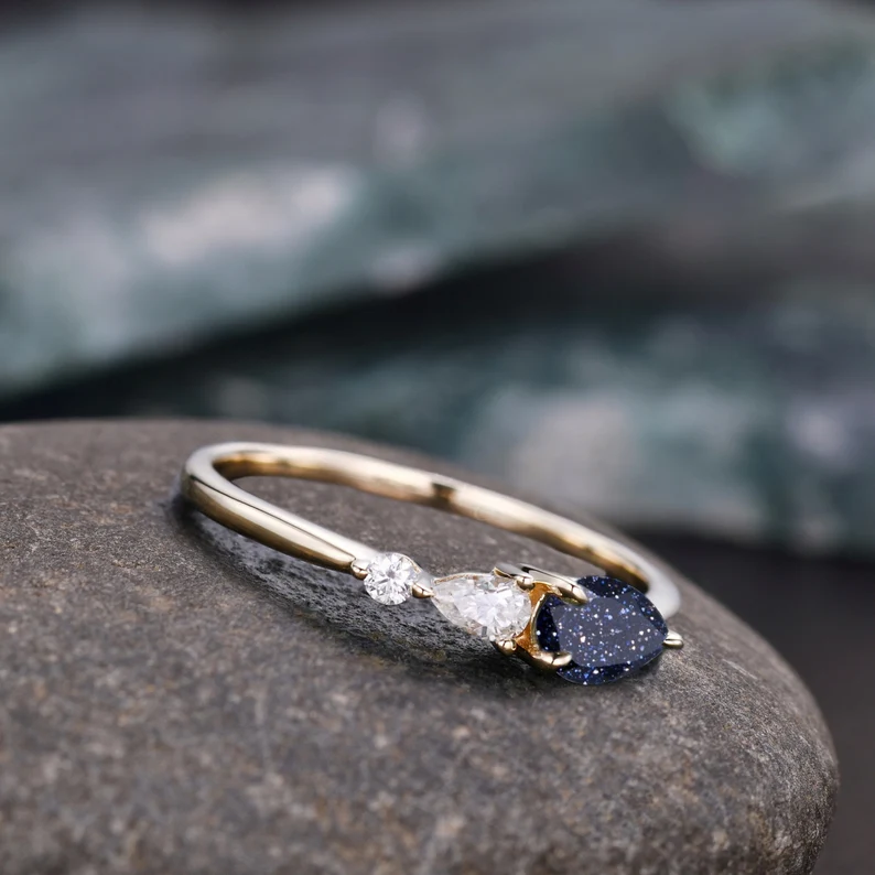 Vintage Sandstone Engagement Ring, Pear Cut Gems, Art Deco Moissanite Wedding Ring,3 Stone Unique Women Bridal Promise Ring, Customized Ring