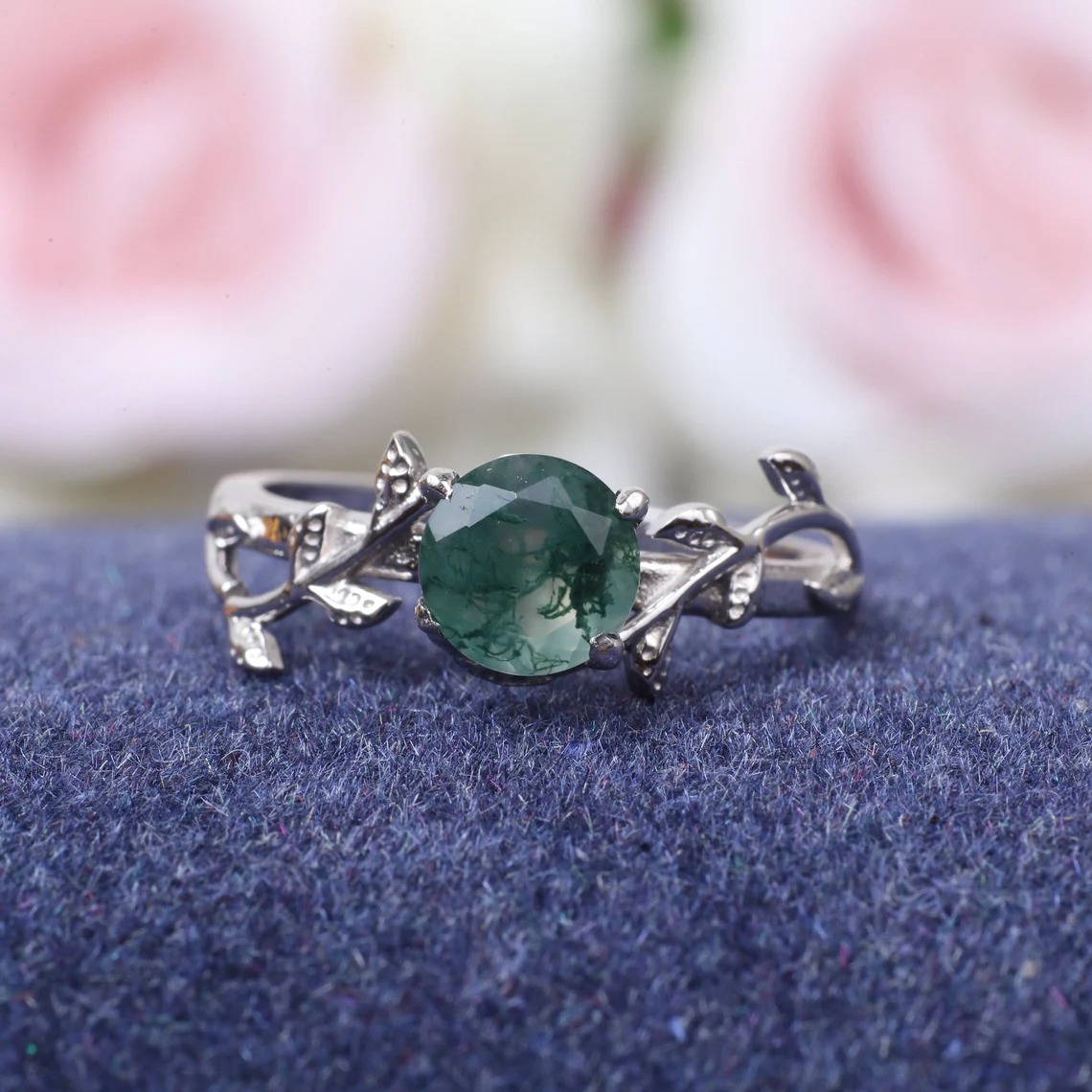 Vintage moss agate engagement ring Art deco leaf promise ring Nature inspired solid 14K 18K white gold cluster ring Unique Anniversary gifts
