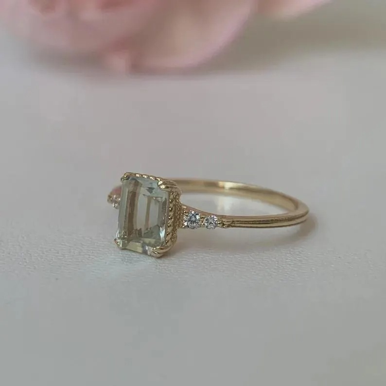 Vintage Green Amethyst Emerald Cut Ring, 14K Solid Yellow Gold Engagement Ring, CZ Round Cut Moissanite Anniversary Ring, Christmas Gift