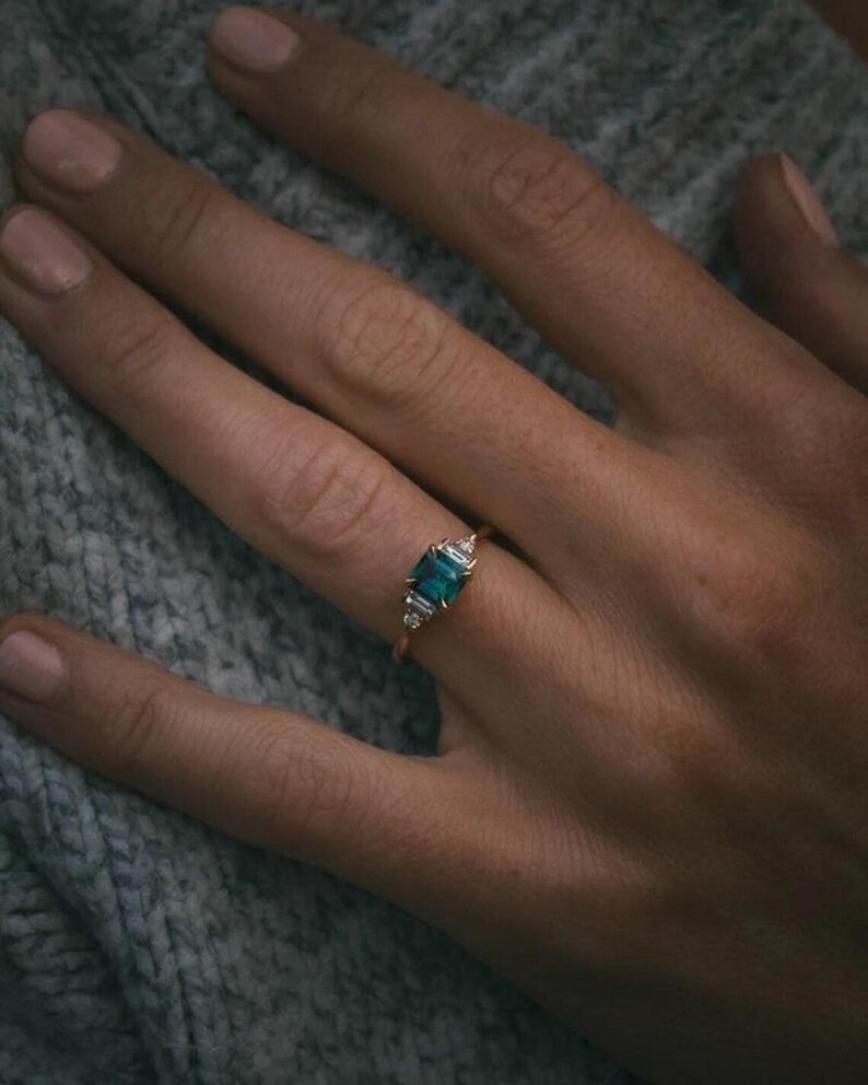 Princess Cut Sapphire Engagement Ring, Personalized Gift For Women, Baguette Art Deco Round Diamond Cluster Ring, Teal Sapphire Gift Ring