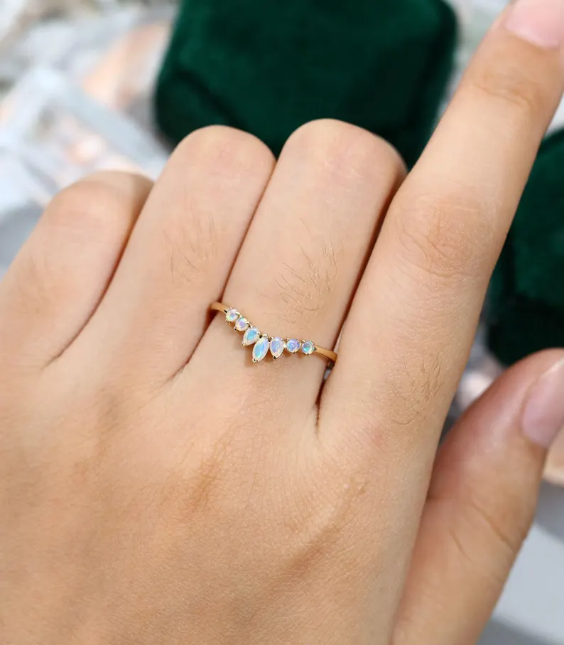 Opal Wedding Ring Opal Sapphire Wedding Band Half Eternity Matching Band Rose Gold Plated Sterling Silver 10K/14K Rose Gold Anniversary Ring