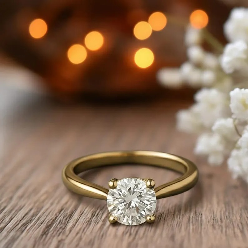 14K Handmade Gold Solitaire Ring Brilliant Round Cut Moissanite Single Stone Engagement Ring, Minimalist Gold Jewlery, Anniversary Gift Ring