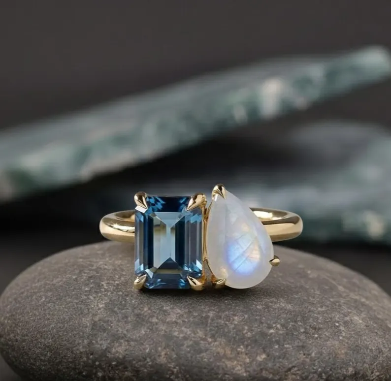 Toi Et Moi London Blue Topaz Engagement Ring, Topaz & Moonstone Wedding Ring, Antique Two Gemstone Bridal Ring,Anniversary Gift Ring For Her