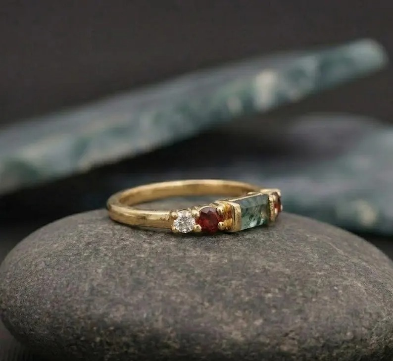 Moss Agate Garnet Ring-18k Gold Plated Vermeil Ring, Vintage Five Stone Band, Solitaire Jewelry, Dainty Diamond Cluster Ring, Christmas Gift