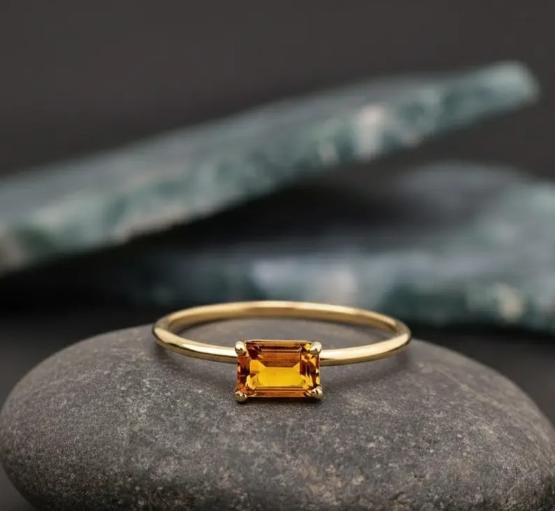 Citrine Solitaire Ring, Baguette Cut Yellow Gold Citrine Gemstone Ring, November Birthstone Ring, Minimalist Engagement Ring Gift For Her