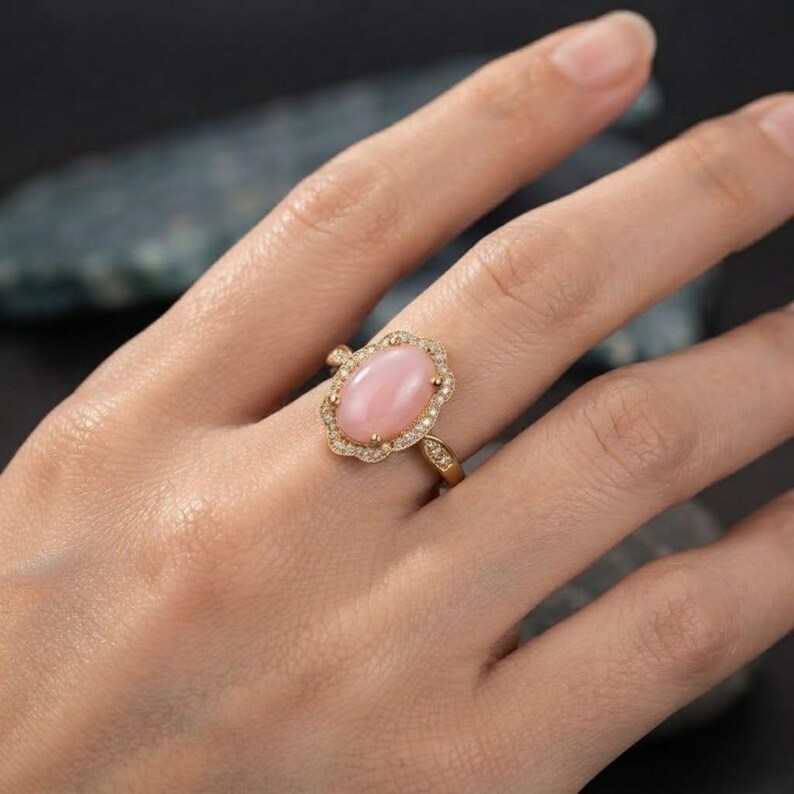 Rose Quartz Engagement Ring, Sterling Silver Ring, Oval Cut Pink Gemstone Ring, Boho Cluster Jewelry, Promise Ring, Anniversary Gift for Her