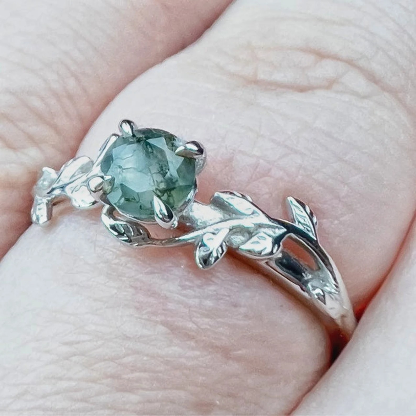Vintage moss agate engagement ring Art deco leaf promise ring Nature inspired solid 14K 18K white gold cluster ring Unique Anniversary gifts