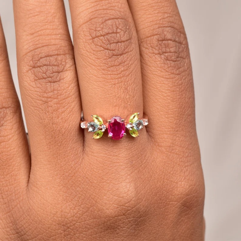 Beautiful Ruby Peridot Engagement Ring, 925 Solid Sterling Silver Ring, Ruby Cluster Ring, Ruby Aquamarine& peridot Ring Multi Gemstone Ring