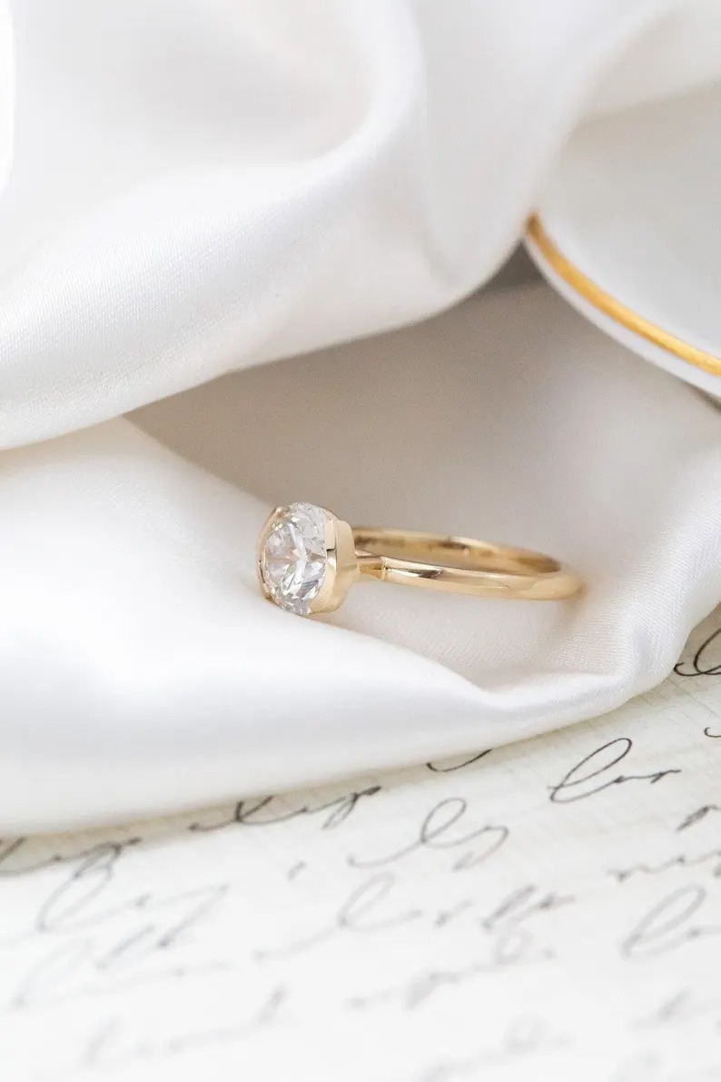 2.00Ct Round cut Moissanite Bridal Ring, Half-Bezel Set Delicate Ring, Solitaire Engagement Ring, Yellow Gold Wedding Promise Ring For Women