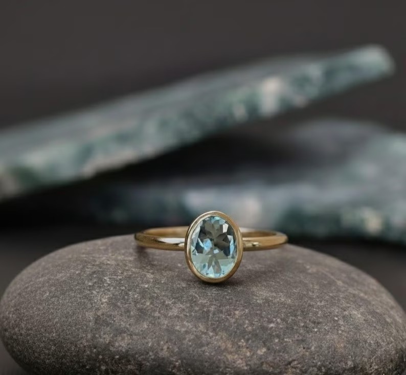 2CT Oval Cut Lab Aquamarine Engagement Ring, 14k Rose Gold Ring, Oval Blue Gemstone Ring, Bezel Setting Anniversary Gift For Women