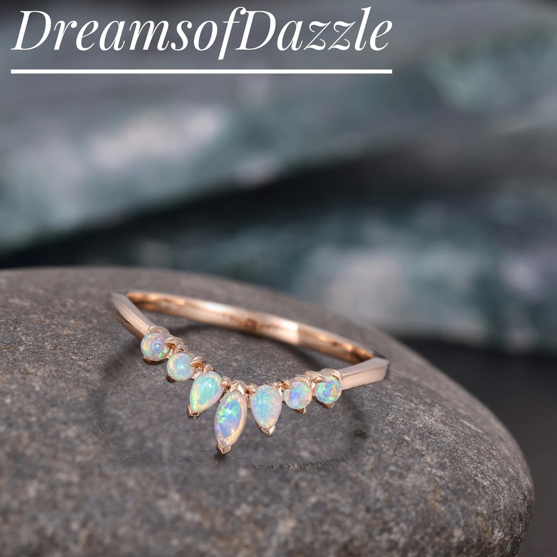 Opal Wedding Ring Opal Sapphire Wedding Band Half Eternity Matching Band Rose Gold Plated Sterling Silver 10K/14K Rose Gold Anniversary Ring