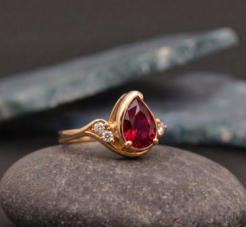 Ruby Ring-14k Solid Gold Ring, Pear Cut Red Gemstone Gold Ring with Diamond Accents, Vintage Red Ruby Promise Ring for Women, Bridal Jewelry