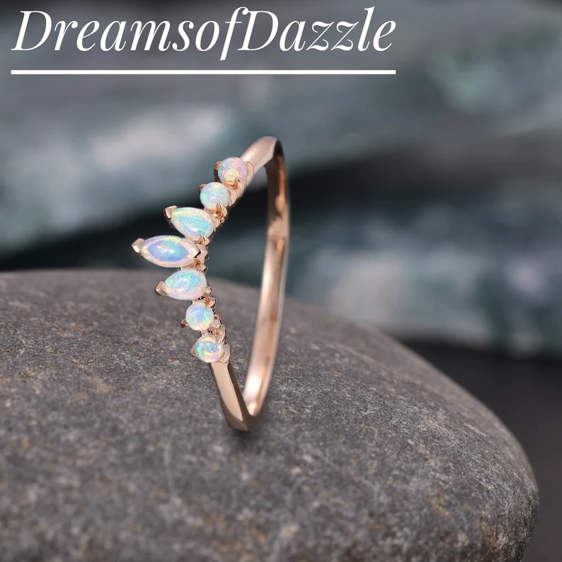 Opal Wedding Ring Opal Sapphire Wedding Band Half Eternity Matching Band Rose Gold Plated Sterling Silver 10K/14K Rose Gold Anniversary Ring