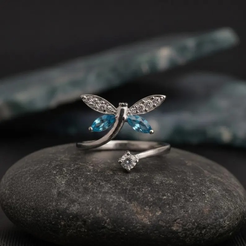 Dragonfly Adjustable Ring, Blue Marquise Stone Ring, Silver Dragonfly Ring, Nature Inspired Ring, Minimalist Adjustable Ring, Gift For Her
