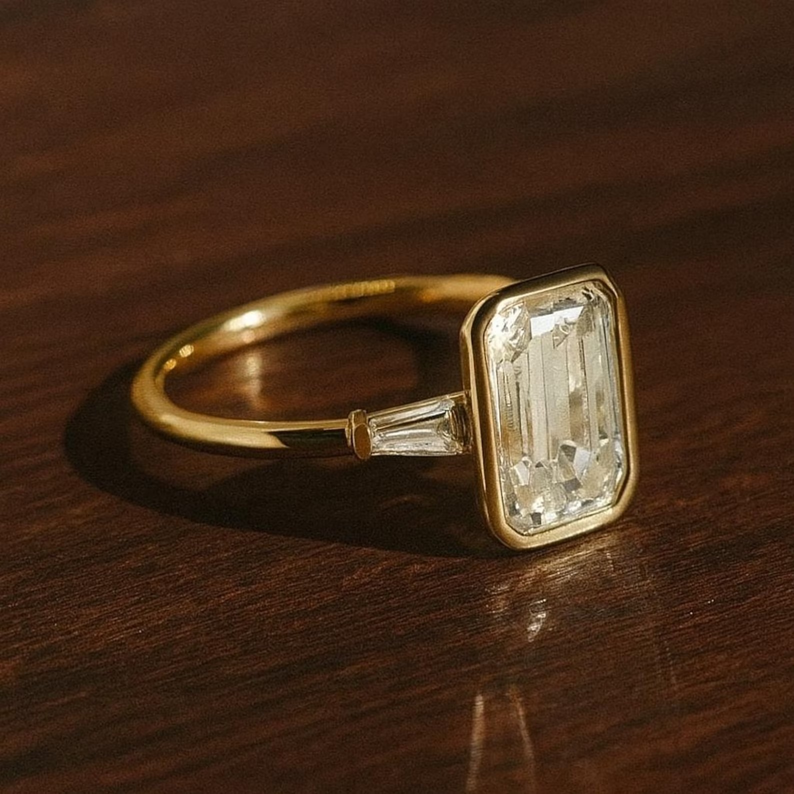 2 CT Emerald Cut Moissanite Engagement Ring, Three Stone Wedding Ring, Full Bezel Set Baguette Cut Side Tapper Ring Anniversary Ring For Her