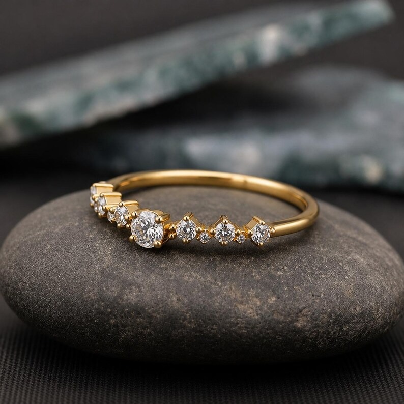Round Cut Moissanite Half Eternity Band, Vintage Diamond Cluster Engagement Ring, Anniversary & Wedding Promise Ring For Her, Christmas Gift