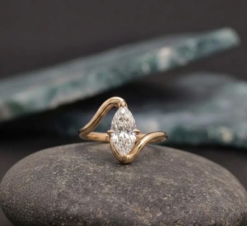 Marquise Moissanite Ring, Wave Bypass Ring, Promise Ring, Minimalist Engagement Ring, Diamond Bridal Jewelry, Statement Ring, Unique Ring