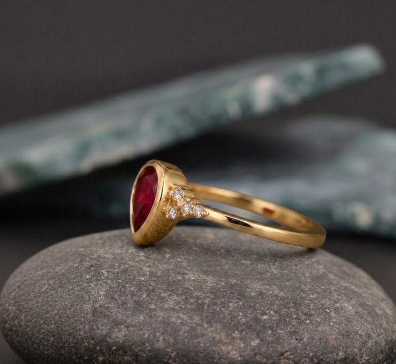 Pear Shape Ruby Ring Gold | Vintage Style Engagement Ring | Ruby Diamond Ring | Handmade Bridal Ring | Unique Teardrop Gemstone Jewelry Gift