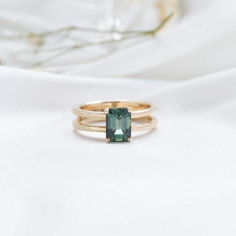 Unique Teal Sapphire Engagement Ring, Emerald Cut Peacock Sapphire Cluster Wedding Ring, Double Band Bridal Ring, Art Deco Promise Ring