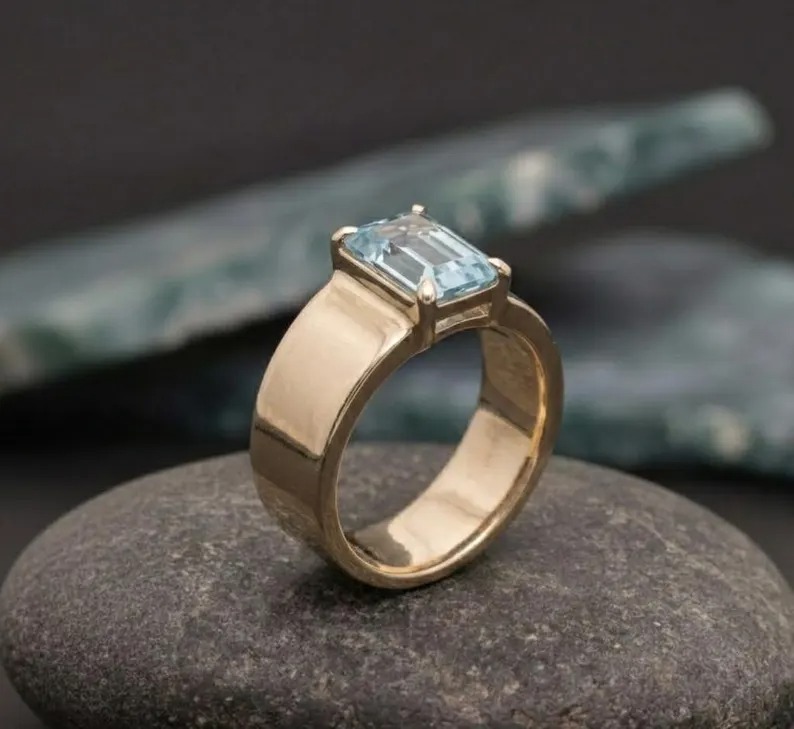 Emerald Cut Aquamarine Ring, Vintage 14k Solid Gold Anniversary Ring, March Birthstone Gifts Women, Aquamarine Engagement Ring For Her