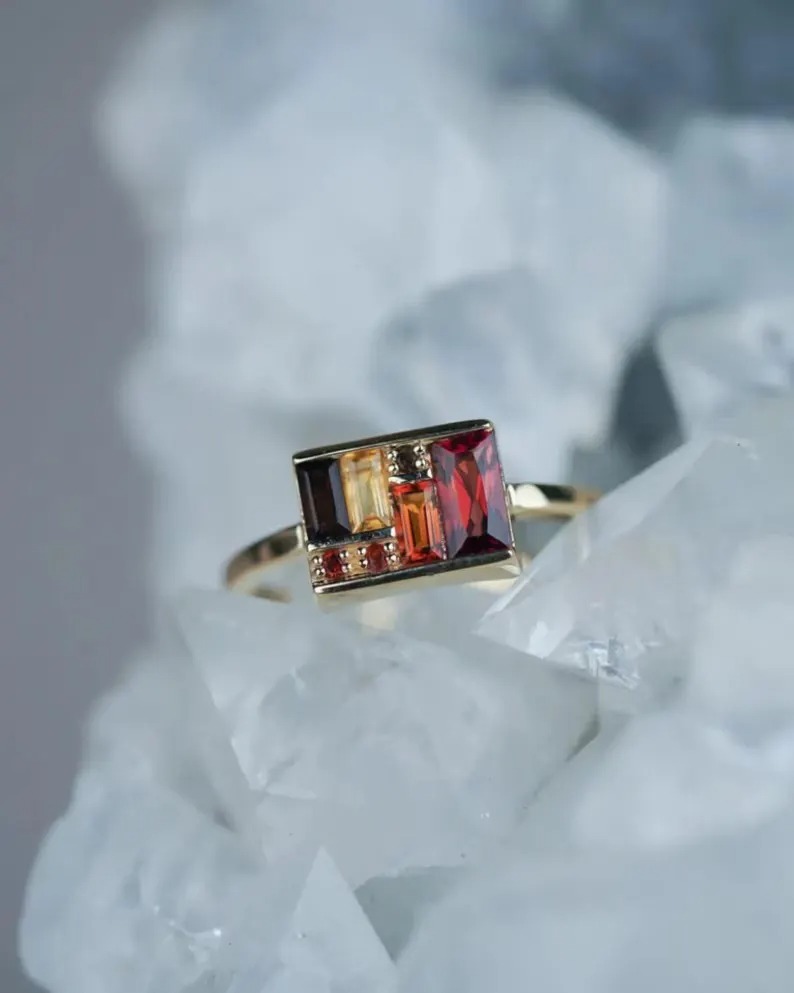 Unique Multi Gemstone Box Ring 14K Solid Gold Baguette Garnet Statement Ring, Art Deco Engagement Ring, Fine Jewelry Valentines Gift For Her