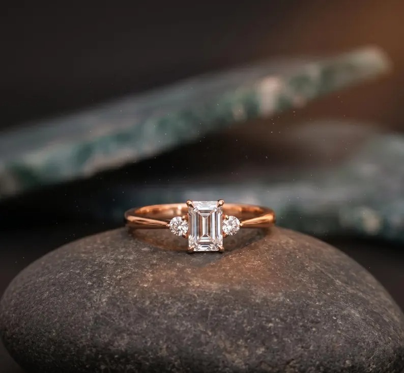Emerald Cut Zirconia Ring, 14K/18K Gold or Silver Plated Engagement Ring for Women, 2.5CT Emerald Cut Moissanite Ring, Dainty Stacking Ring