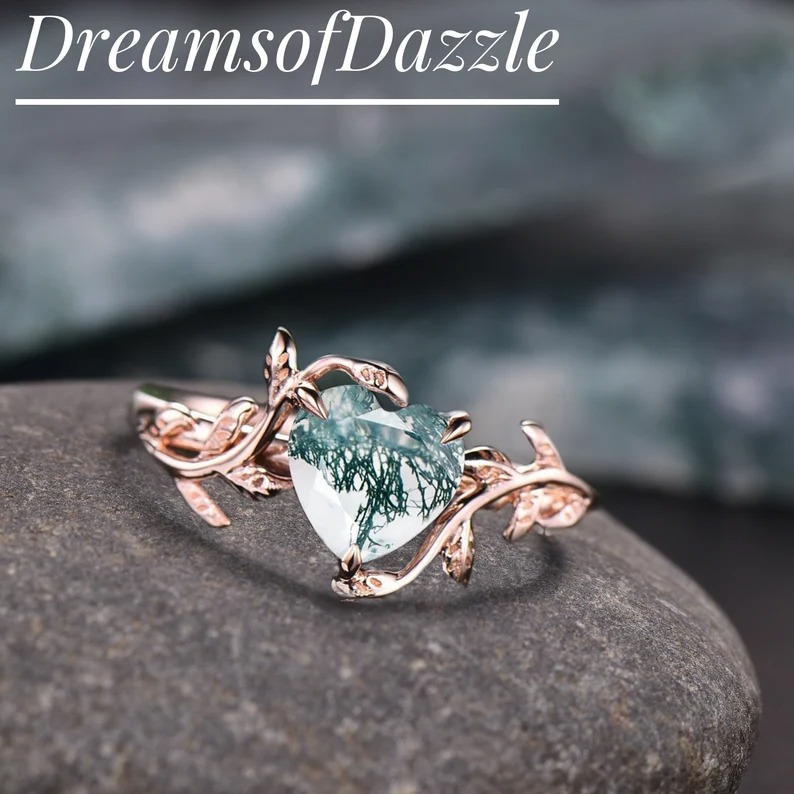 Twig Heart shaped moss agate engagement ring leaf rose gold silver unique vintage solitaire engagement ring promise wedding ring for women