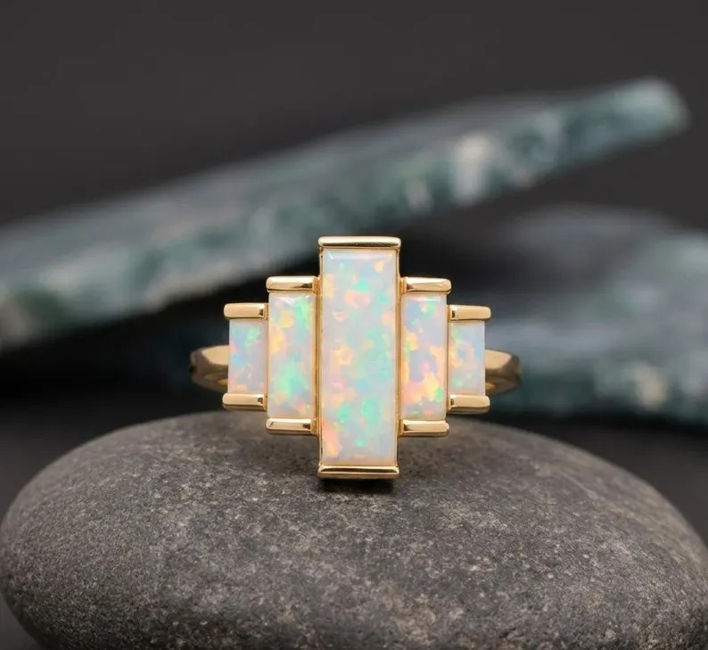 Natural Opal Ring 14k Solid Gold Ring, October Birthstone Ring, Baguette Cut Opal Engagement Ring, Dainty Opal Gemstone Ring, Gifts for Mom