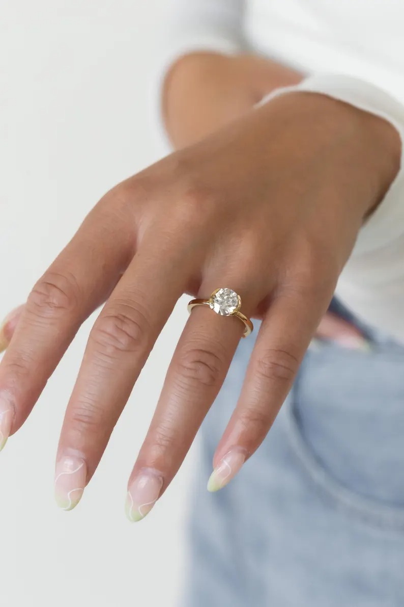 2.00Ct Round cut Moissanite Bridal Ring, Half-Bezel Set Delicate Ring, Solitaire Engagement Ring, Yellow Gold Wedding Promise Ring For Women