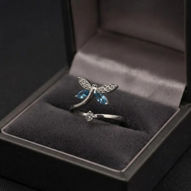 Dragonfly Adjustable Ring, Blue Marquise Stone Ring, Silver Dragonfly Ring, Nature Inspired Ring, Minimalist Adjustable Ring, Gift For Her